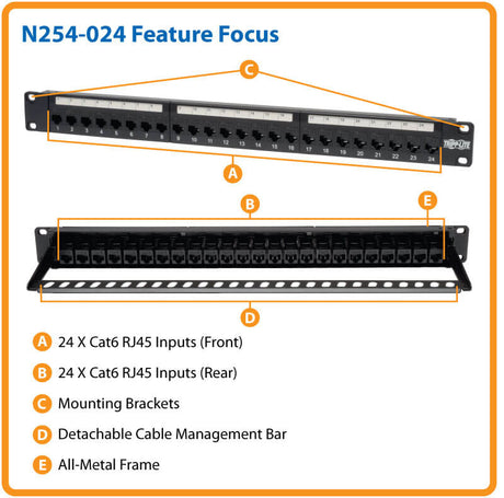 Tripp Lite series 24-Port 1U Rack-Mount Cat6 Feedthrough Patch Panel,