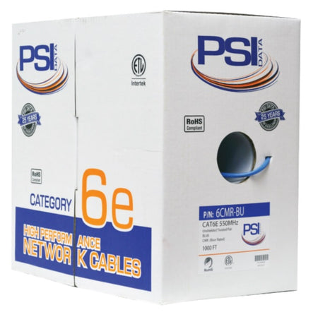 Box of PSI Data network cable with branding and specifications on a white background