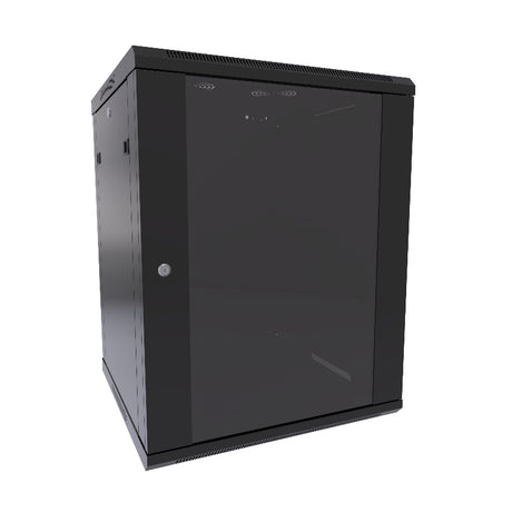 A black wall mount cabinet with a glass front door and locking side panels, constructed from light duty steel with visible venting on the front and side.
