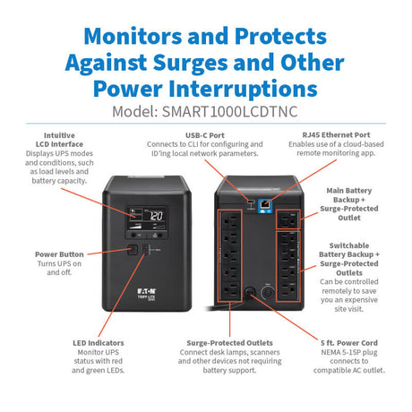 Tripp Lite Cloud-Connected UPS Line-Interactive 1000VA 600W 120V Tower