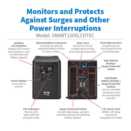 Tripp Lite Cloud-Connected UPS Line-Interactive 1500VA 900W 120V Tower