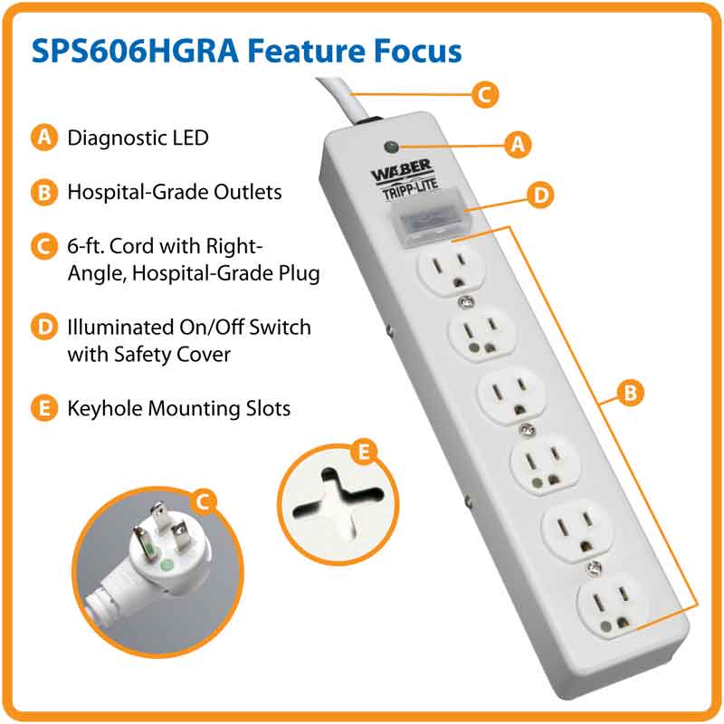 Tripp Lite Hospital Grade Surge Protector UL 1363 6x Outlets 6ft Cord