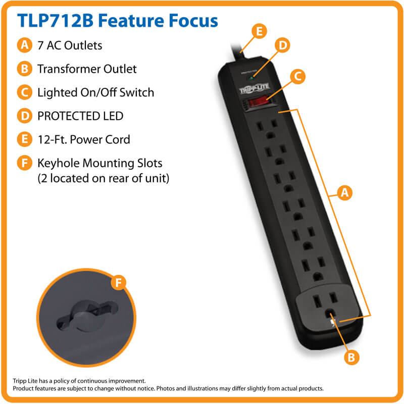 Tripp Lite Protect It!  7-Outlet 1080Joules 12ft Cord LED Black Housing